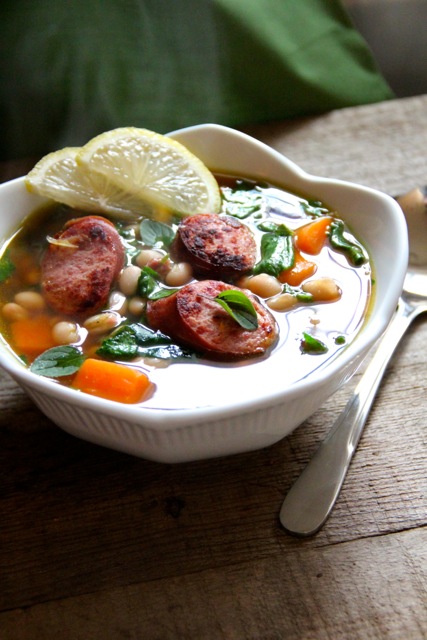 White Bean Soup with Spinach, Sweet Potatoes & Turkey Sausage