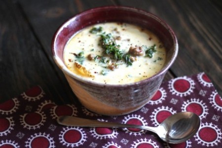 Creamy, spicy potato and kale soup with Italian sausage. Similar to ...