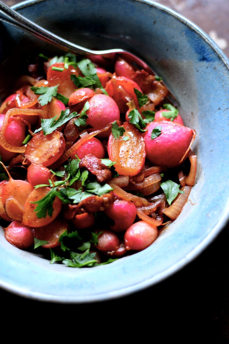 Braised Radishes With Bacon & Shallots